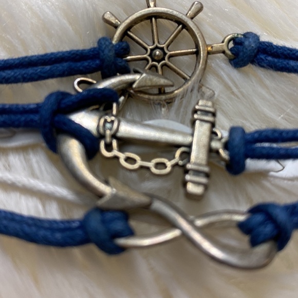 Vintage Silver Ship Rudder Anchor Infinity Bracelet Multilayer Braided Blue Whit - Picture 4 of 16